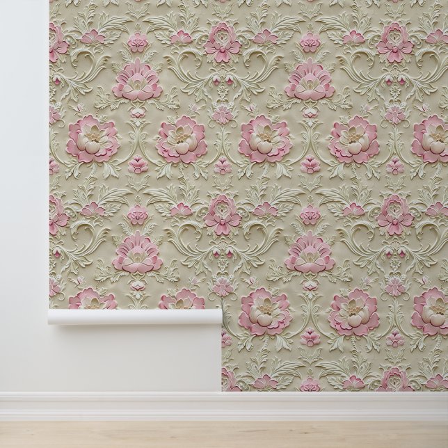 Papier Peint Damask luxe beige texture rose rose fleurs (Application)