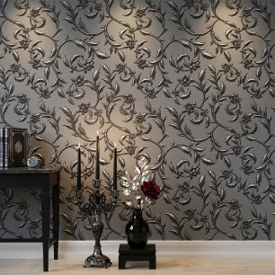Papier Peint Damassé Floral Argent Luxueux Élégant