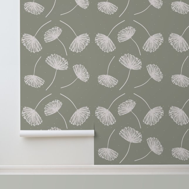 Papier Peint Dandelions floraux tirés à la main Sage vert (Stylish Rustic Dandelions Peel and Stick Wallpaper.)