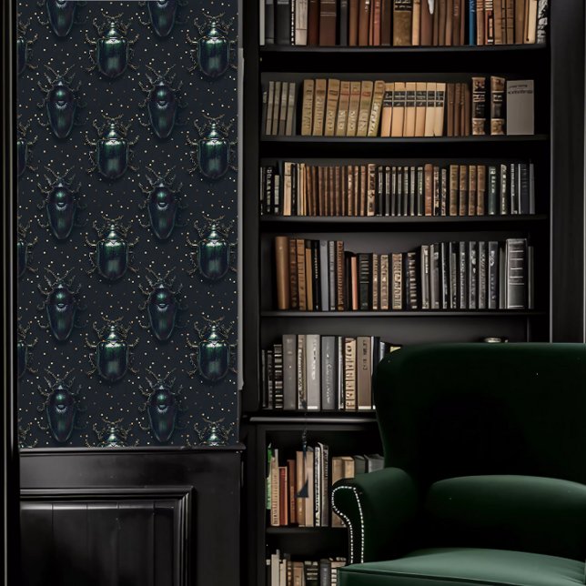 Papier Peint Dark Academia Beetles et Gold Specks (Dark Academia Beetles and Gold Specks Wallpaper in a library.)