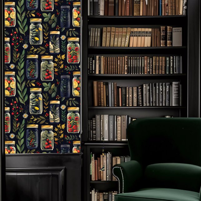 Papier Peint Dark Academia Jarred Plantes et fruits (Dark Academia Jarred Plants and Fruit Wallpaper in a library.)