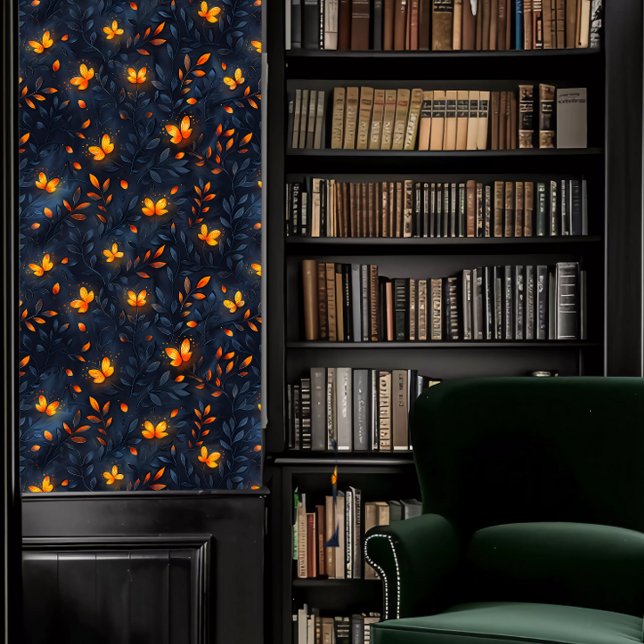 Papier Peint Dark Academia Petits papillons brillants sur le bl (Dark Academia Small Glowing Butterflies on Blue Wallpaper in a library.)