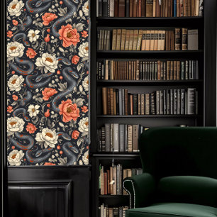 Papier Peint Dark Academia Snakes & Red and White Flowers