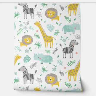 Papier Peint De mignons animaux de la jungle avec feuilles et f