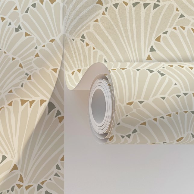 Papier Peint Déco Art Déco off-White et Gold Shell (Créateur téléchargé)