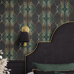 Papier Peint Déco Art Déco Vert et Or Géométrique