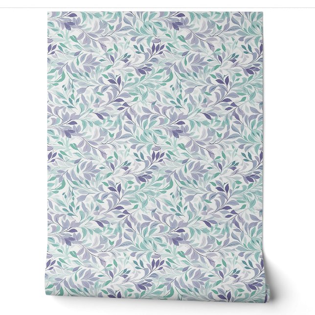 Papier Peint Délicat pastel doux violet et feuilles verts sauge (Déroulement)