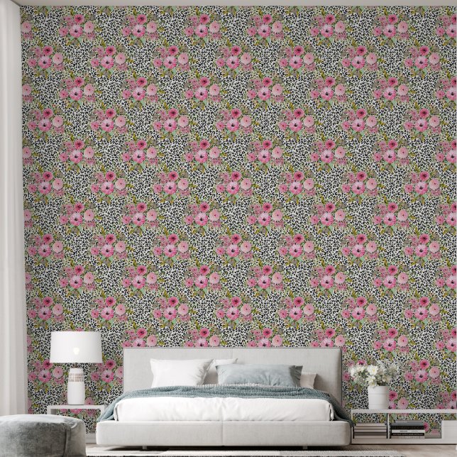Papier Peint Design Empreinte de léopard et floral élégant (Chambre à coucher)
