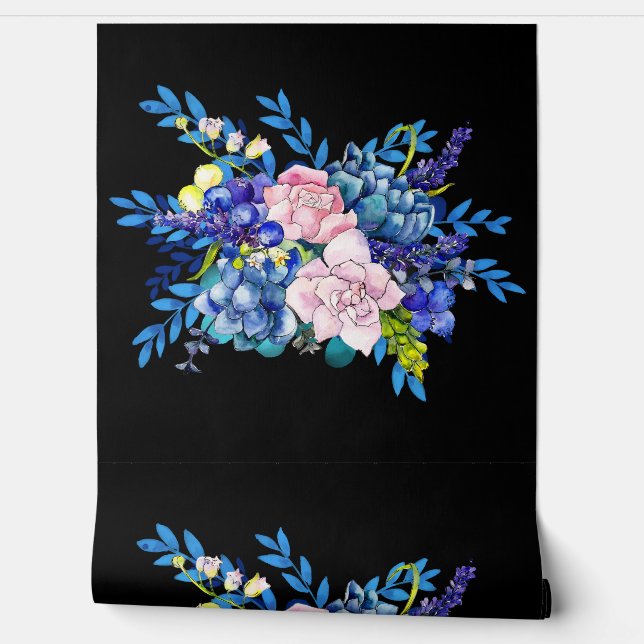 Papier Peint Design floral noir et rose minimal (Déroulement)