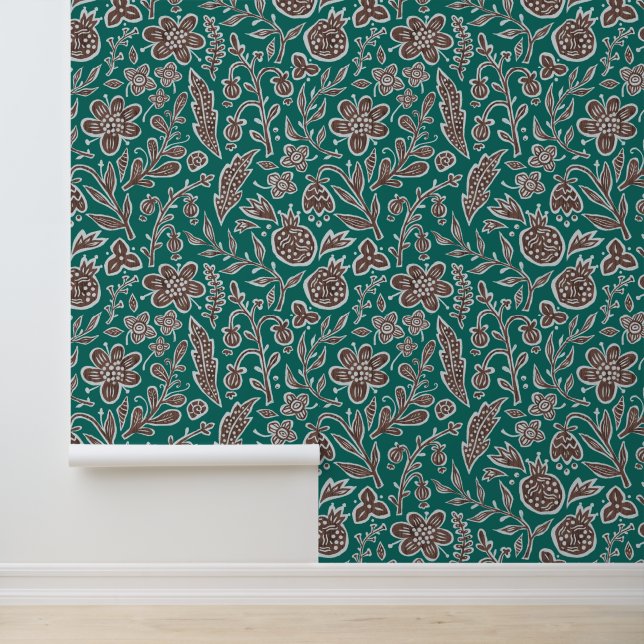Papier Peint Design floral rétro avec fleurs et fruits. (Application)