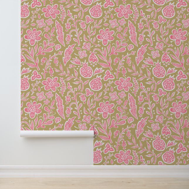 Papier Peint Design floral rétro avec fleurs et fruits. (Application)