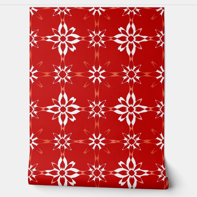 Papier Peint Design Motif géométrique floral rouge gras (Déroulement)