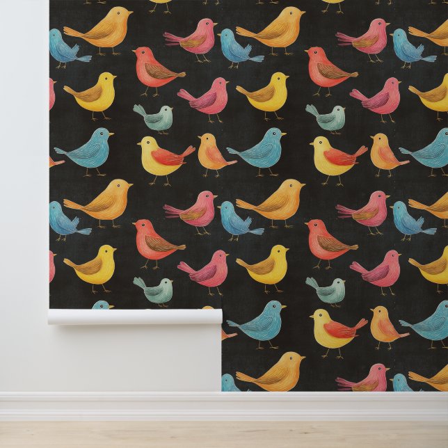 Papier Peint Dessin de la calèche Motif aux petits oiseaux (Application)