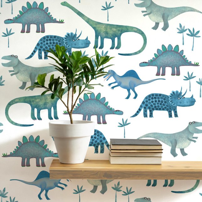 Papier Peint Dinosaur Motif Bleu Blanc Enfants (Dinosaur Tyrannosaurus Rex Stegosaurus triceratops diplodocus kids peel and stick wallpaper)