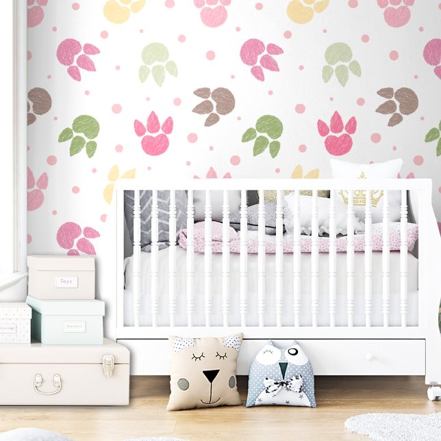 Papier Peint Dinosaure Empreintes Motif fille Pastel coloré (Dinosaur Footprints Pattern Girl Colorful Pastel Wallpaper)