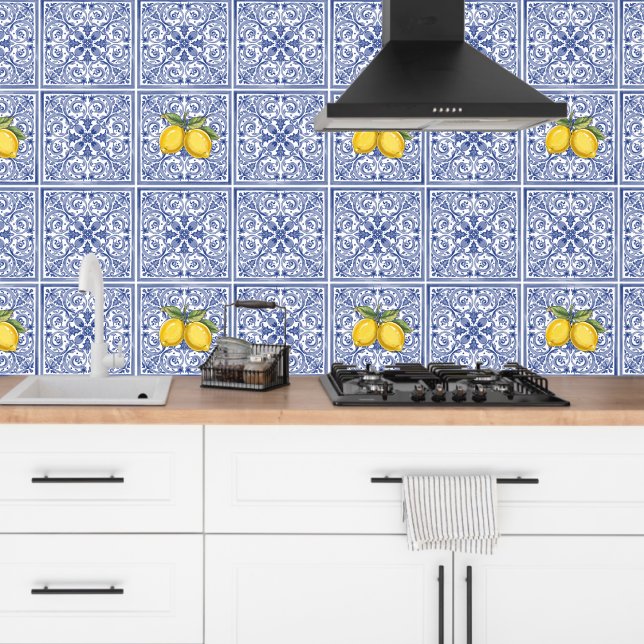 Papier Peint Dolce Vita Meditarrean Bleu & citrons Carreaux ita (Créateur téléchargé)