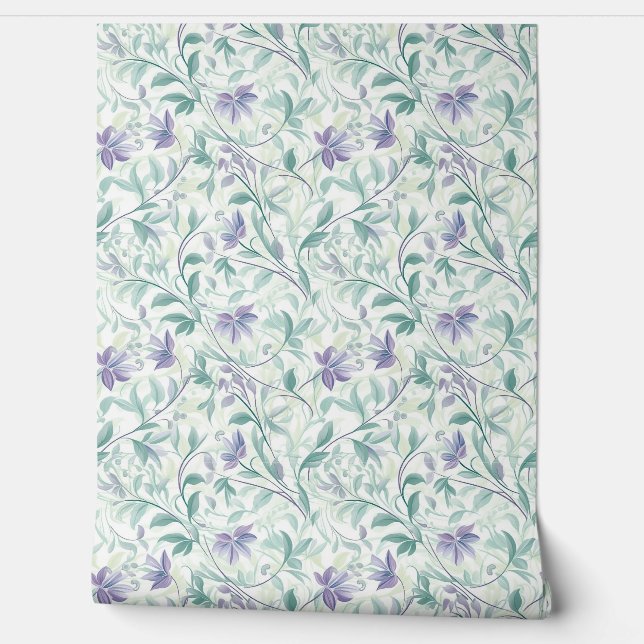 Papier Peint Doux pastel violet et sauge vert feuille chic (Déroulement)