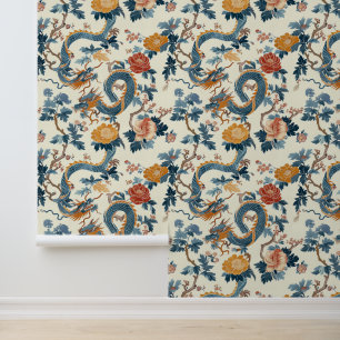 Papier Peint Dragon japonais bleu floral élégant