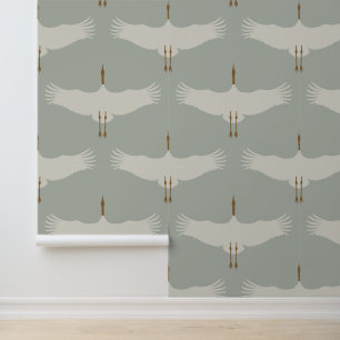 Papier Peint Dusty Blue Neutral Birds Grues Art Déco Motif