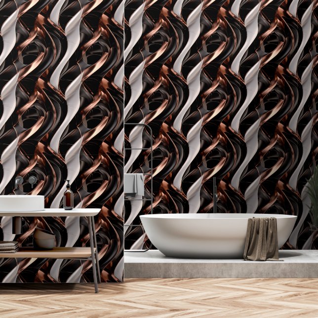 Papier Peint Effet 3D Abstrait noir, argent et cuivre (Salle de bain)