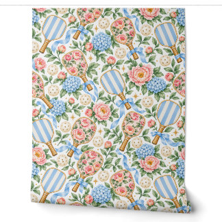 Papier Peint Élégance Côtière Prépa Bleu Pickleball et Rose Blu