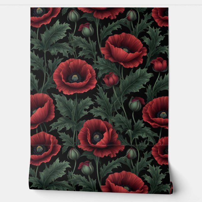 Papier Peint Élégance noire : Pépites de Crimson et Feuilles ve (Déroulement)