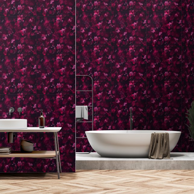 Papier Peint Élégant Abstrait bordeaux foncé floral (Salle de bain)