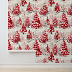 Papier Peint Élégant Arbres de Noël Vintages et neigeux rose ro