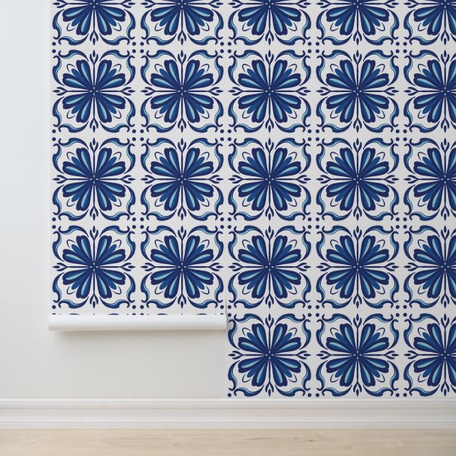 Papier Peint Elégant Carrelage Floral Bleu et Blanc (Application)