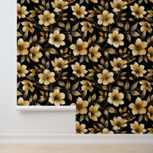 Papier Peint Élégant carrelage floral noir doré