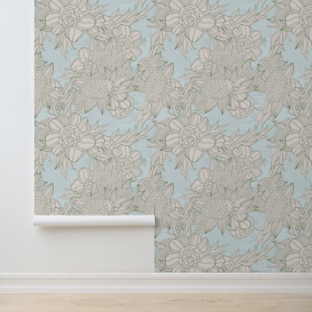 Papier Peint Élégant Chic Pale Blue Sage Roses et Motif Dahlia (Application)