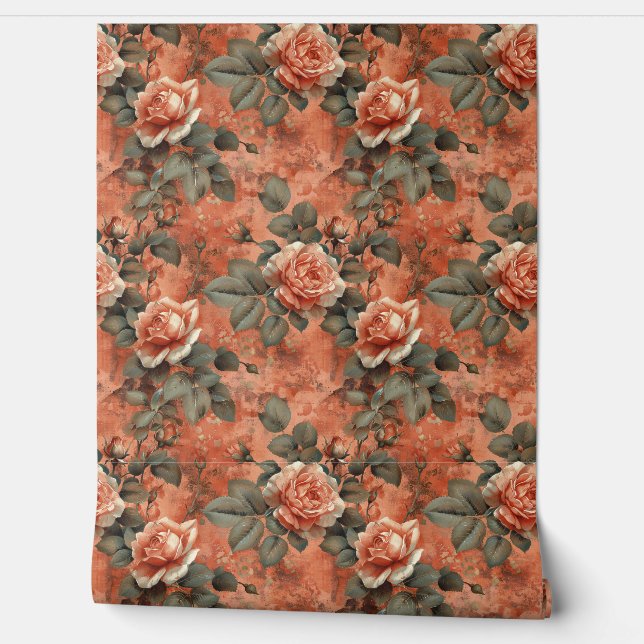 Papier Peint Élégant chic teracotta rouille shabby rose anglais (Déroulement)