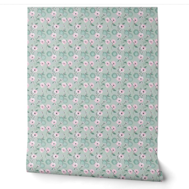 Papier Peint Élégant Floral moderne rose et vert (Déroulement)