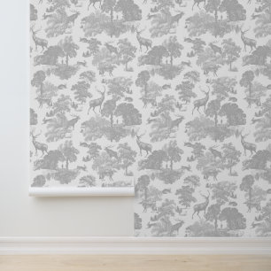 Papier Peint Élégant Gris Doux Cerf Forêt Animaux Toile