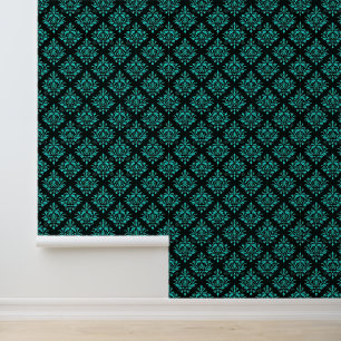 Papier Peint Elégant modèle de Damas Turquoise sur noir