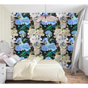 Papier Peint Élégant moderne Whimsical Floral Stripes Noir