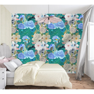 Papier Peint Élégant Moderne Whimsical Floral Stripes Sombre Tu