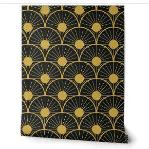 Papier Peint Elégant Motif Art Déco Gold Sun sur Noir
