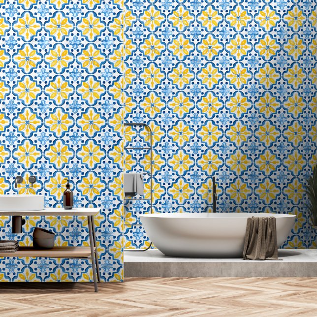 Papier Peint Elégant Motif de carrelage bleu méditerranéen (Salle de bain)