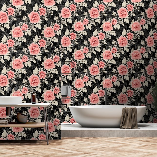 Papier Peint Élégant Motif de roses roses victoriennes (Salle de bain)