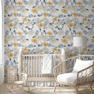 Papier Peint Elégant motif floral bleu jaune et blanc