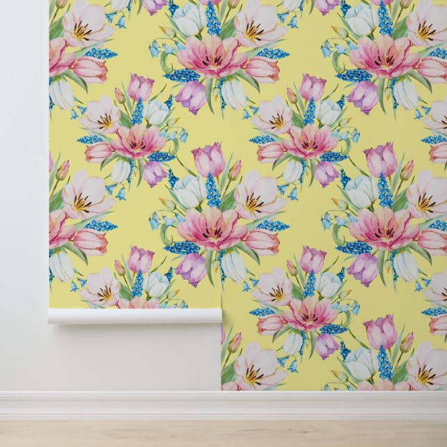 Papier Peint Élégant motif floral rose, bleu et jaune (Application)