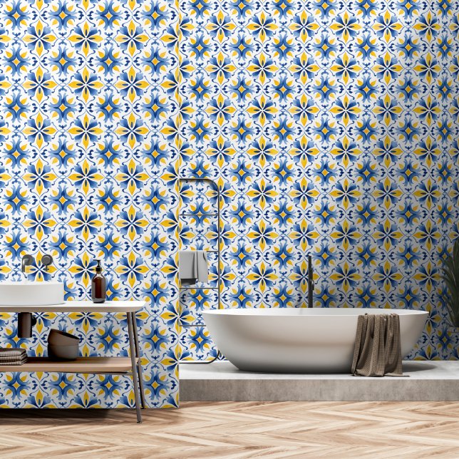 Papier Peint Elégant Motif méditerranéen bleu jaune (Salle de bain)