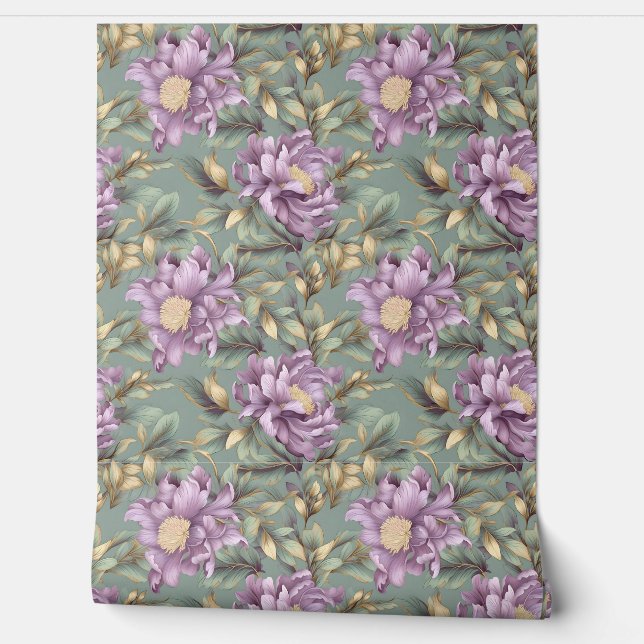 Papier Peint Elégant sauge vert et violet des fleurs pivoines (Déroulement)