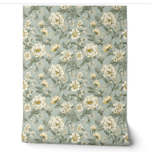Papier Peint Elégant Shabby chic fleurs vintages sauge