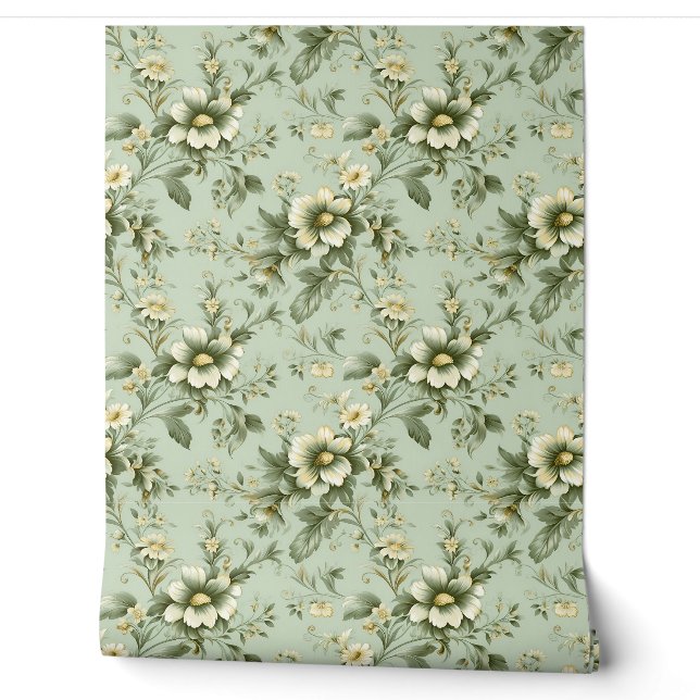 Papier Peint Elégant Shabby chic sauge vert fleurs blanches (Déroulement)