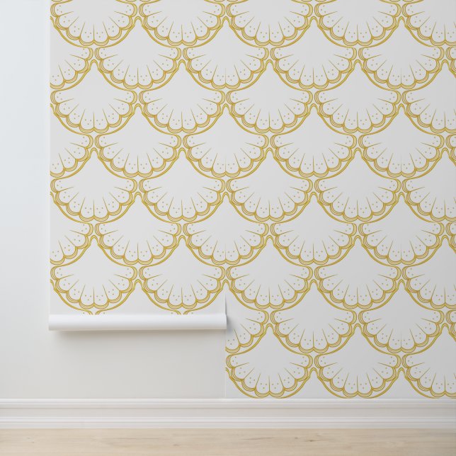 Papier Peint Elégant thème nautique Coquille d'or motif blanc (Application)