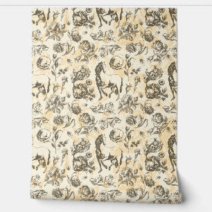Papier Peint Elégant Toile Beige Vintage Cheval Motif Floral