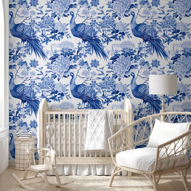 Papier Peint Elégant Toile De Jouy Bleu Blanc Peacock Floral (Enfants)