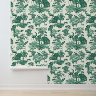 Papier Peint Élégant Toile de Jouy Vert Vintage Cerf Renard Cam